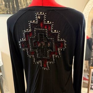 ARIAT Black Long Sleeve Top with Studded Neckline, Back mesh see through Cross